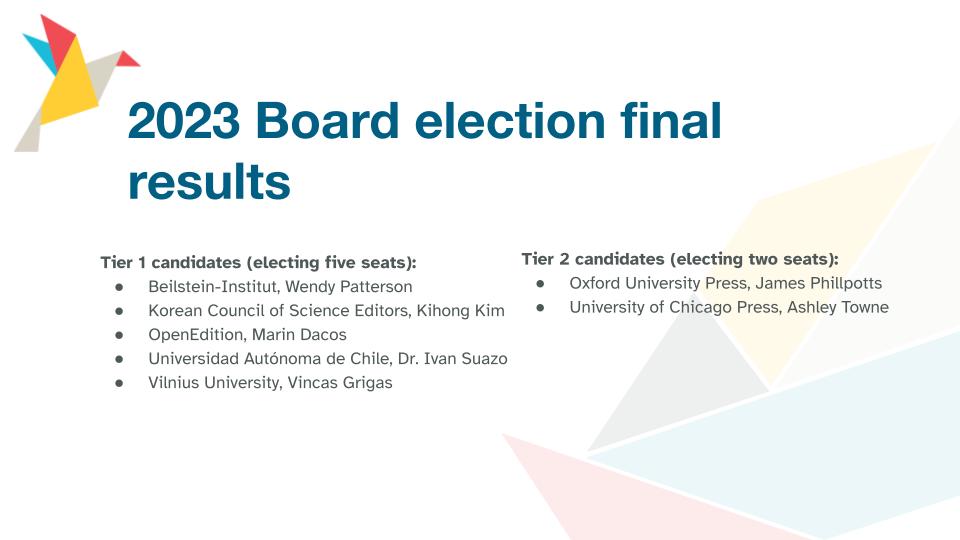 A slide showing the members elected to the Board and their representatives: In Tier 1: Beilstein-Institut, Wendy Patterson; Korean Council of Science Editors, Kihong Kim; French Ministry and OpenEdition, Marin Dacos; Universidad Autónoma de Chile, Dr. Ivan Suazo; Vilnius University, Vincas Grigas; Tier 2: Oxford University Press, James Phillpotts; University of Chicago Press, Ashley Towne