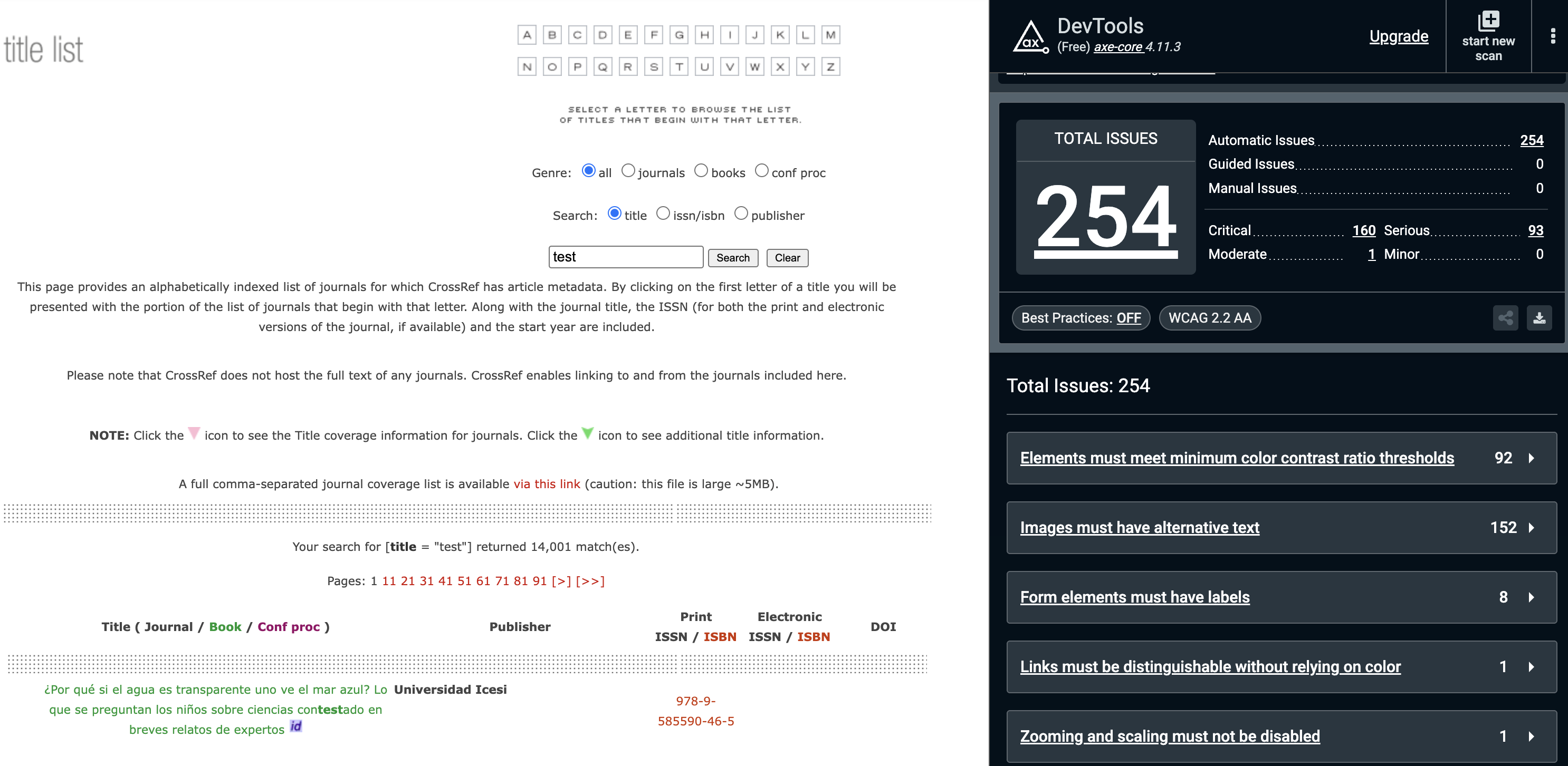 Screenshot of the browsable title list interface with axe DevTools showing 254 total issues
