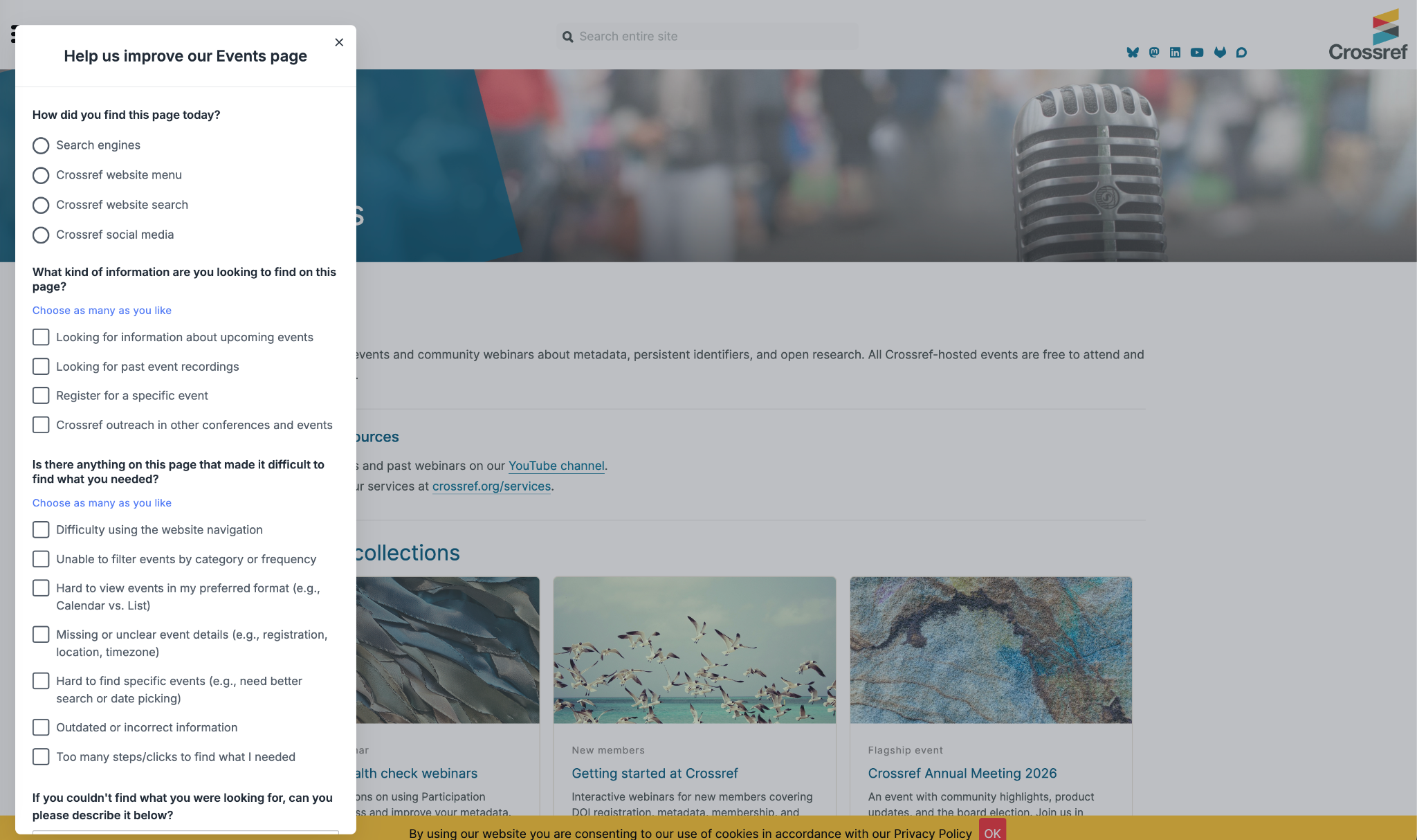 Crossref Events page with a feedback survey modal open, dimming the page behind it.
