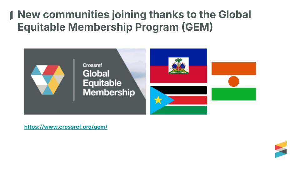 Slide titled “New communities joining thanks to the Global Equitable Membership Program (GEM)” with a Crossref GEM graphic, flags for Haiti, South Sudan, and Niger, and a link to the GEM webpage.