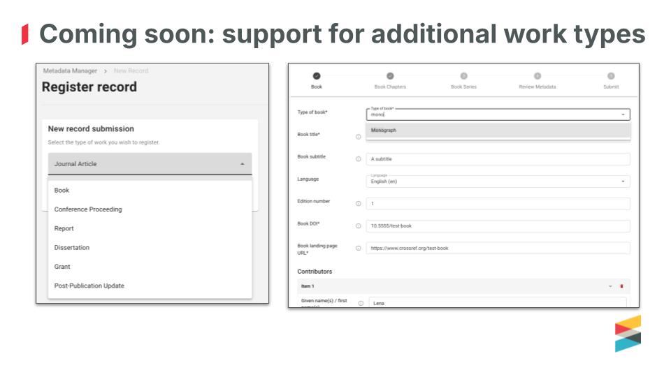 Slide titled “Coming soon: support for additional work types” showing Metadata Manager screens for registering records, with a dropdown of work types and a book registration form.