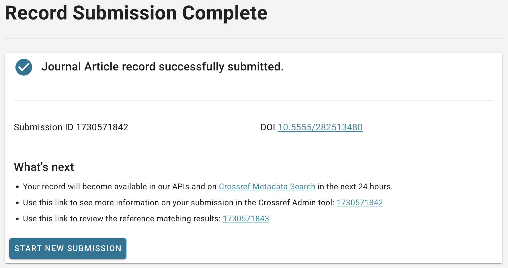 Journal article submission success page